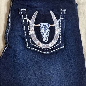 Boot Cut Blue Jeans with Western Skull Embellishment